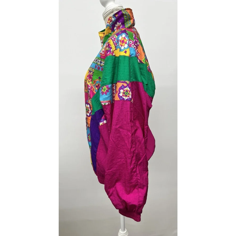 Vintage Windbreaker Jacket Women Large Nylon Loud Geometric Pattern Retro 80s 90